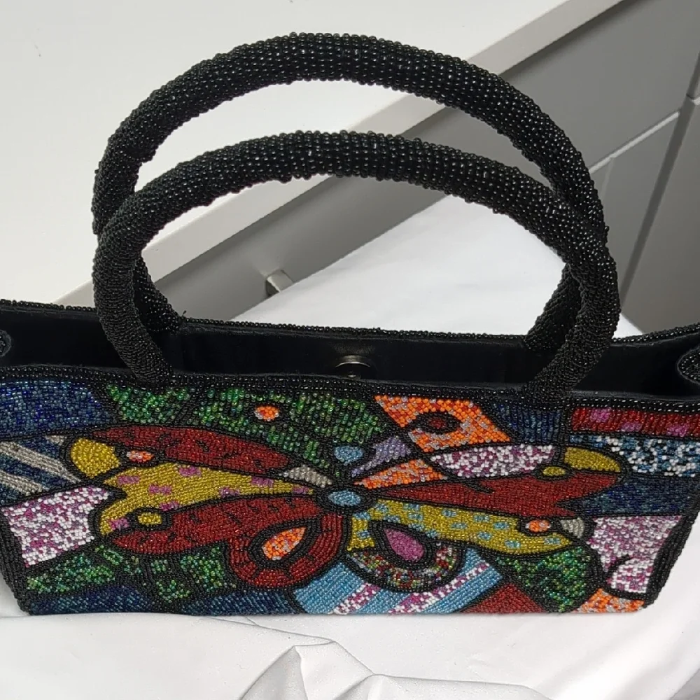 Rare Colorful Beaded Butterfly Statement Handbag Glam Art Purse Boho Luxe Chic